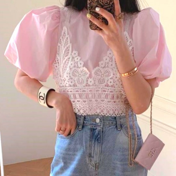 청담코코레이스 레이어드 퍼프소매 뷔스티에 크롭 블라우스