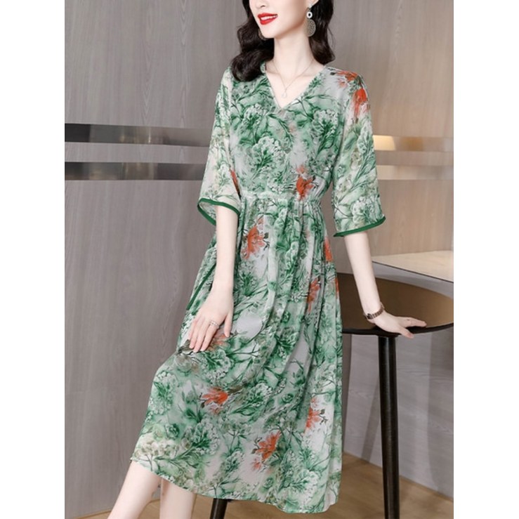 여성 캐주얼 원피스 녹색 꽃 빈티지 여름 실크 드레스 미디 우아한 2023 한국어 패션