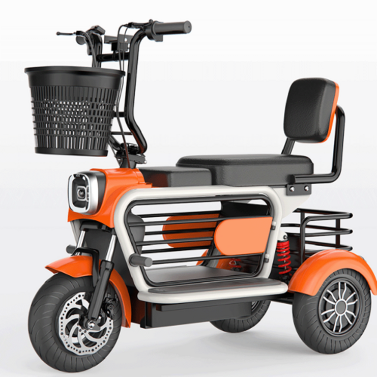 접이식 세발 전기 자전거 삼륜 2인용 노인 펫바이크 배달용 전동 스쿠터 48V, 오렌지 등받이 15A 30km