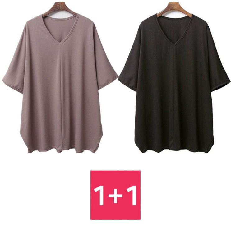 2장set 빅사이즈 롱 티셔츠 브이넥 절개 가오리 오버 핏 체형커버 코튼 tee 11 세트