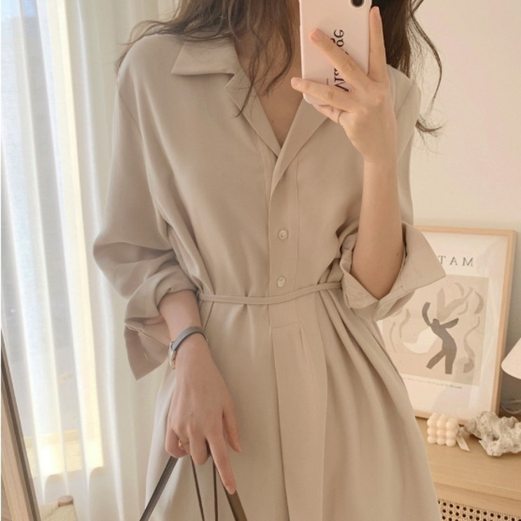 모찌봉  여성 브이넥 셔츠 루즈핏 하객룩 롱원피스