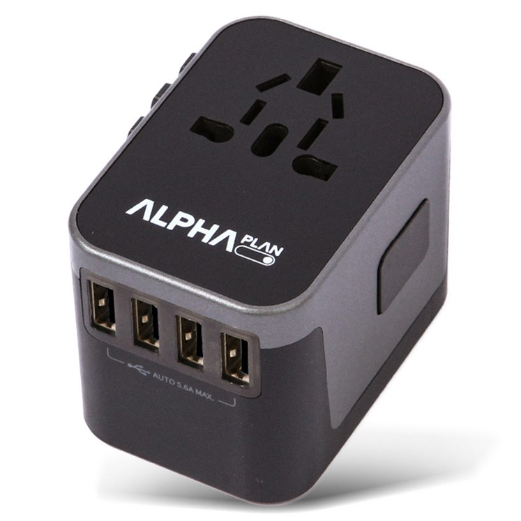 알파플랜 USB 4포트 C타입 1포트 올인원 해외 여행용 멀티 어댑터 블랙 그레이 JY305B, 1개
