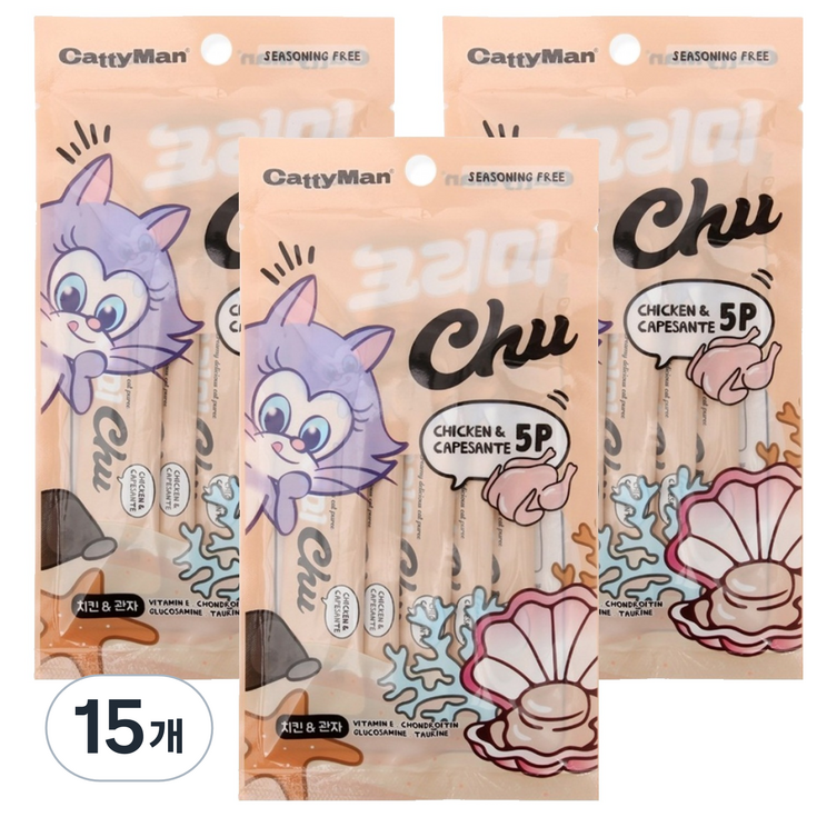 캐티맨 고양이 크리미츄 간식 5p, 15개, 60g, 혼합맛치킨  관자맛