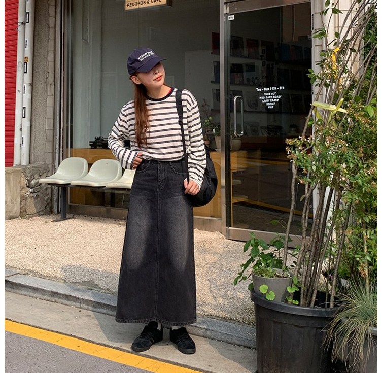 얼리어텀made4size 바잉몰 여성 프롬 A라인 뒷트임 코튼 데님 롱 스커트 7color