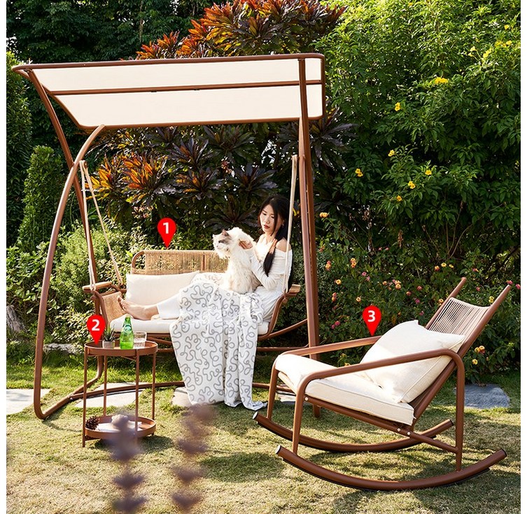 야외 정원 테라스 흔들 그네 의자 휴식용 원목, 윤멍 티 테이블 흔들의자