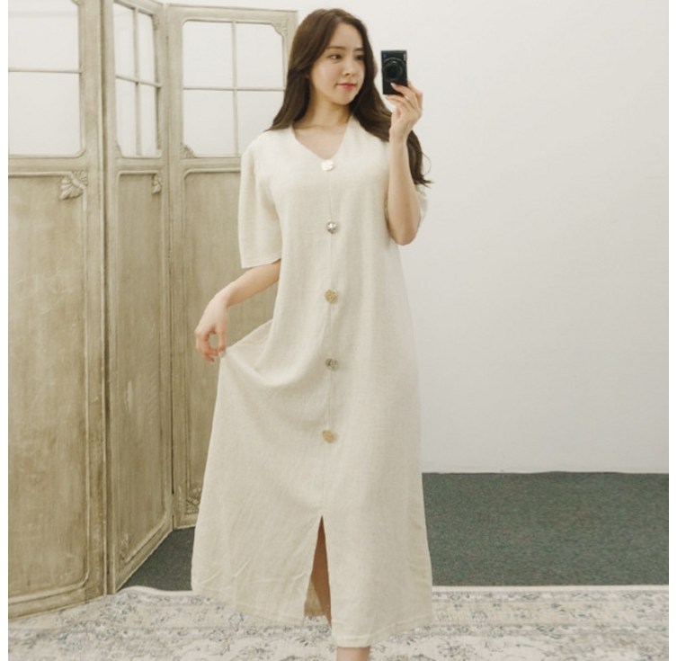 그릭 버튼 a라인 반팔 루즈핏 린넨 롱원피스 그릭 버튼 a라인 반팔 루즈핏 린넨 롱원피스