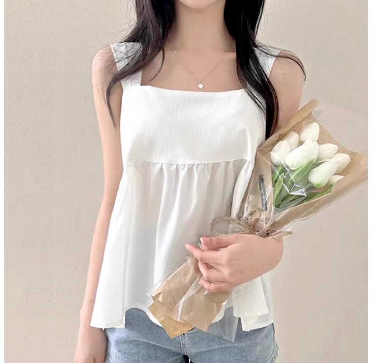 라라홀리 러블리 백리본 스퀘어넥 민소매 셔링 블라우스