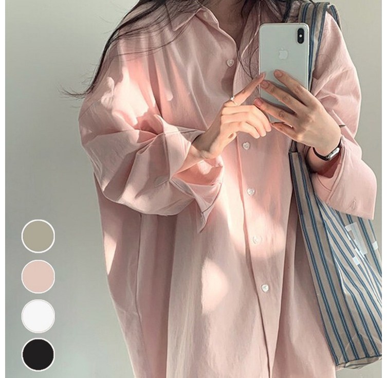 VERIT 오버핏 레귤러카라 하트버튼 루즈 롱 셔츠 VT193