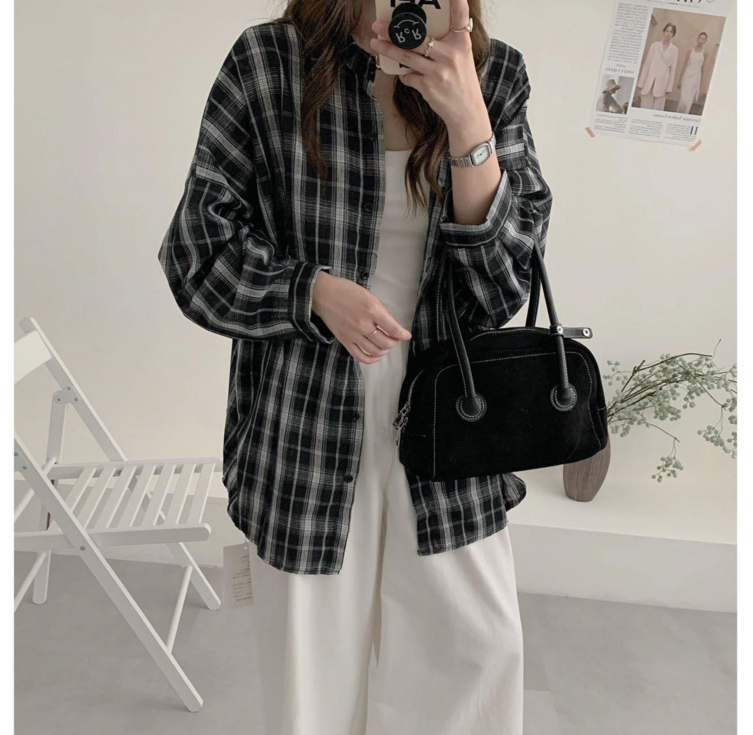 MOMOKA 여리체크셔츠 오버핏체크남방 루즈핏체크셔츠 빅사이즈 롱셔츠