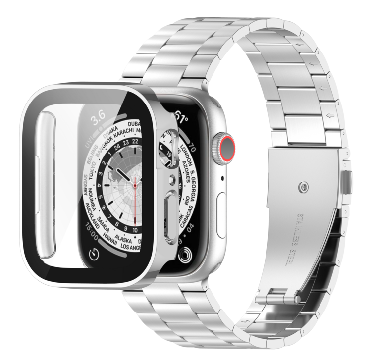 애플워치 10 9 8 7 6 SE 2 스트랩 메탈 플랫 풀커버 케이스 세트, 블랙