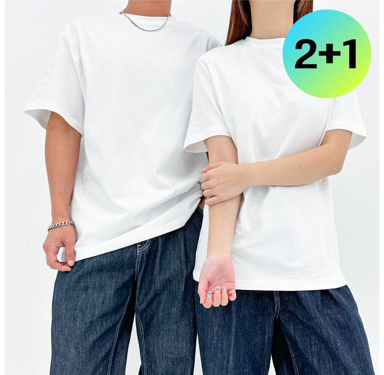 21유베이직 남녀공용 도톰한 레이어드 무지 반팔 라운드 면티 16수 데일리 오버핏 3장